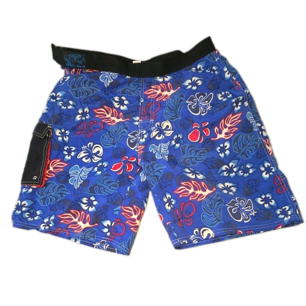 Vintage 90s Jimmy Z Board Shorts 34 Blue Floral Hawaiian Surf Skate Swim Trunks